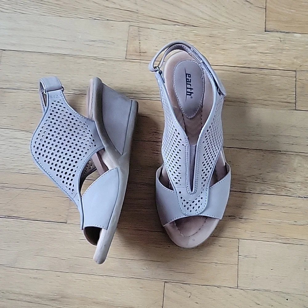 Earth Taupe Suade Wedge Sandals - Picture 1 of 5